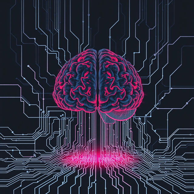 human brain, media, fear, AI, data, dark moody tones, editorial illustration