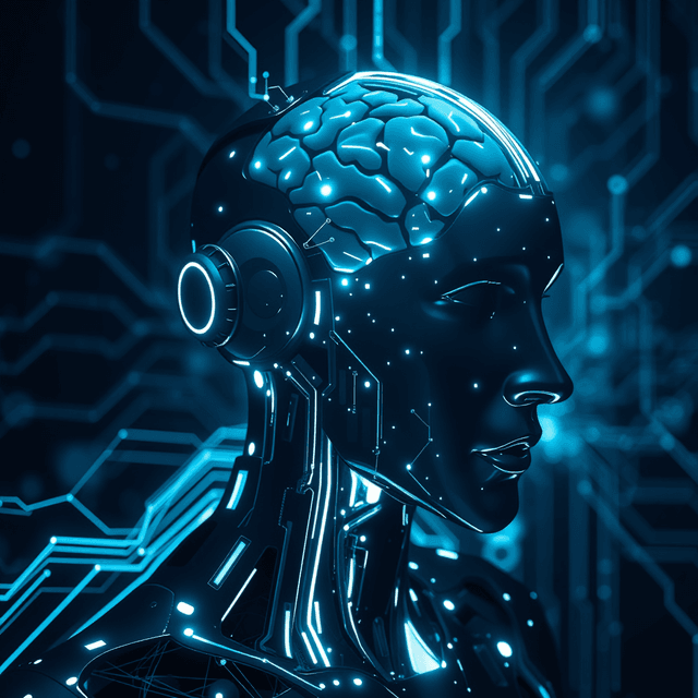 AI consciousness, digital brain, data stream, sharp tech-noir photography style, cool steel blues and white highlights