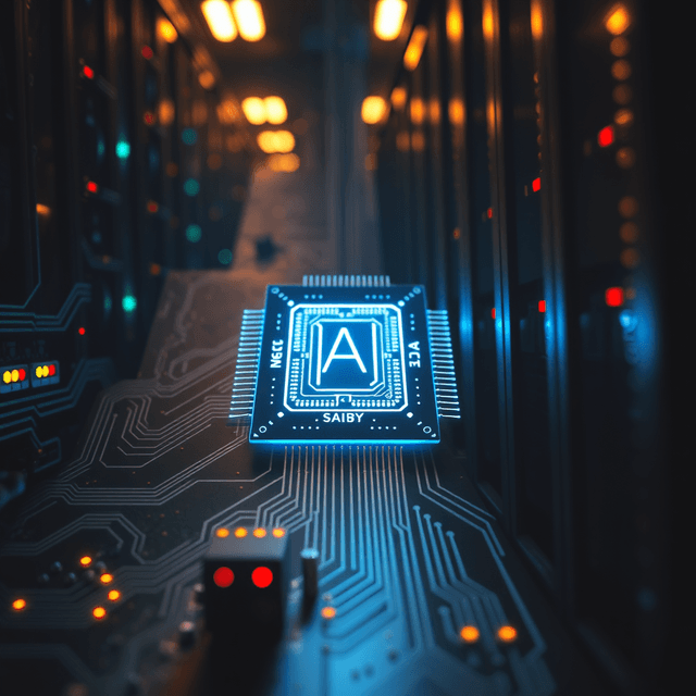 AI chip, server farm, glowing circuit board, sharp tech-noir photography style, cool steel blues