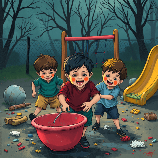 Children playing in a messy playground, vibrant colors, outdoor, editorial illustration, dark moody tones