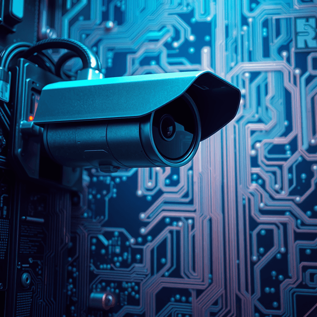surveillance camera, circuit board, data stream, sharp tech-noir photography style, cool steel blues