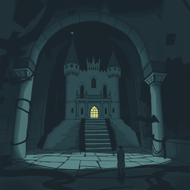 bird, castle, keys, basement, dark moody tones, editorial illustration