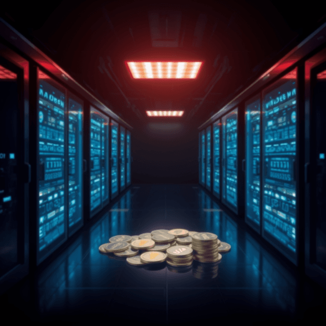 digital currency, server room, dark background, sharp tech-noir photography style, cool steel blues