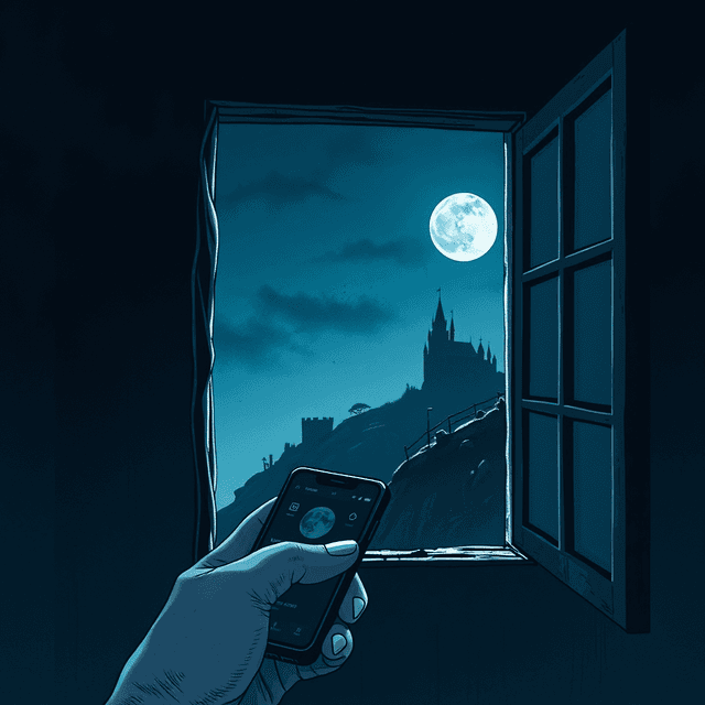 mobile phone, open window, fortress, dark moody tones, editorial illustration