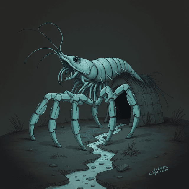 shrimp sculpture, six-legged dog, mud hut, data stream, dark moody tones, editorial illustration