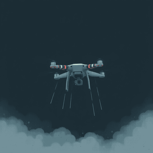 drone, tiny wings, flying, gravity, dark moody tones, editorial illustration