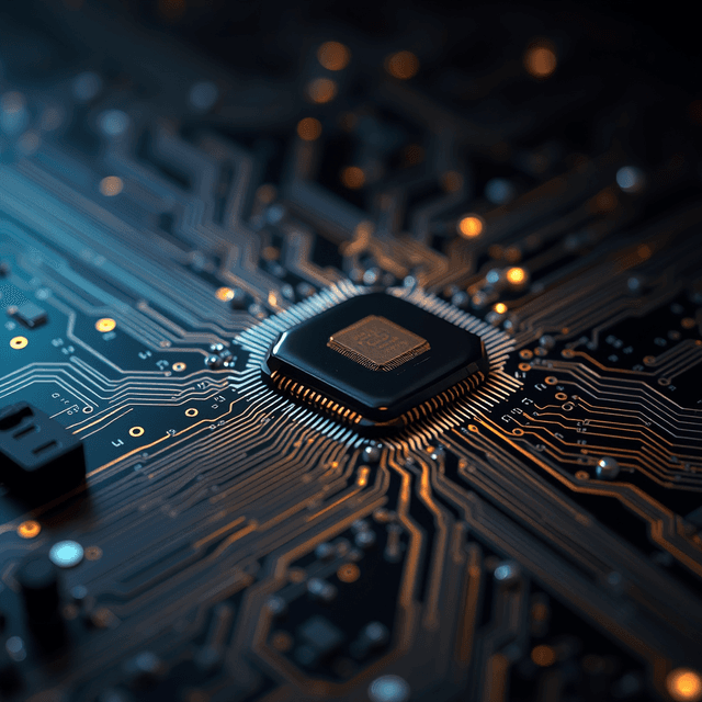 AI chip, circuit board, data flow, sharp tech-noir photography style, cool steel blues