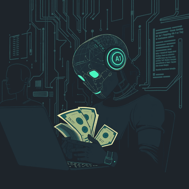 AI software, money, tech company, dark moody tones, editorial illustration