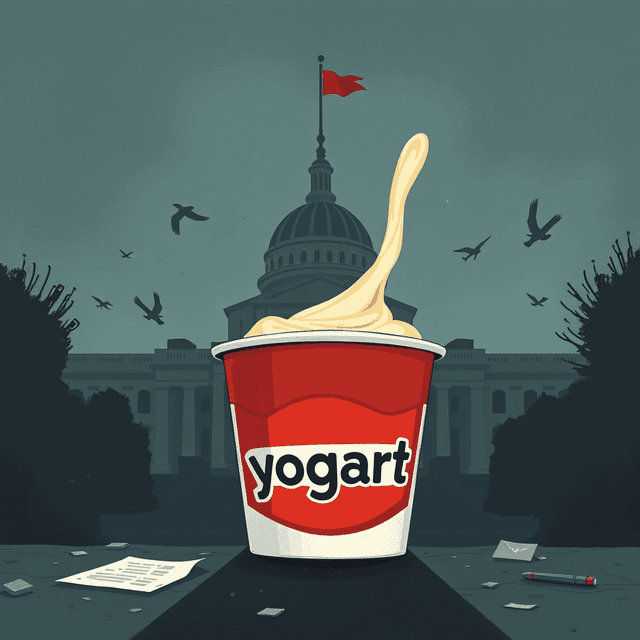 yogurt cup, Pentagon building, lawsuit document, conflict, illustration, dark moody tones